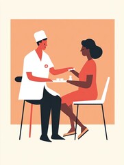 Illustration of nurse providing care to patient in modern setting, healthcare, medical assistance, clinical, support concept