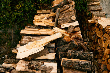 Stacked pile of firewood in front of lush green bush, ready for cozy winter nights