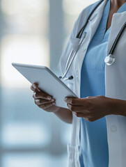 Doctor holding digital tablet, close-up view, medical professional in hospital, healthcare technology in modern medicine setting, healthcare concept