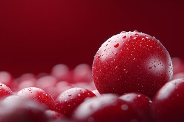 Close-up of fresh red apples with water droplets on a vibrant red background