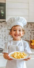 Smiling Boy in chef's cap and tunic holding a plate of food in a bright kitchen, space for text. Choice of profession. Concept child cooking.