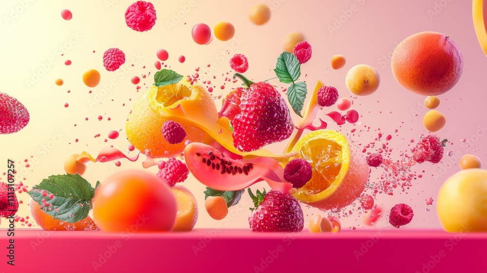 Aufkleber dynamic composition of mixed fruits in motion on colorful background