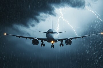 Passenger plane flying through stormy weather with lightning and rain