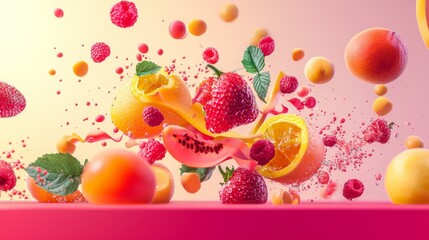 Dynamic composition of mixed fruits in motion on colorful background