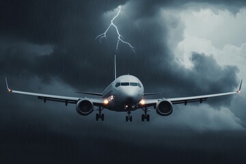 Airplane navigating stormy skies with lightning strike in background
