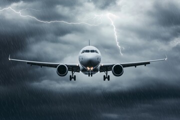 Dramatic airplane flight through thunderstorm with lightning in dark sky