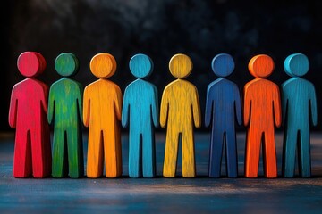 Colorful wooden figures represent diversity. People stand together in row. Image conveys unity, inclusion. Suitable for social media posts marketing materials. Diversity concept, unity, people,