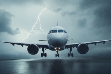 Obraz premium Airplane landing in stormy weather with lightning striking in the background