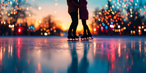Romantic couple skating together at an ice rink, space for text. Concept of a couple on ice skates. .