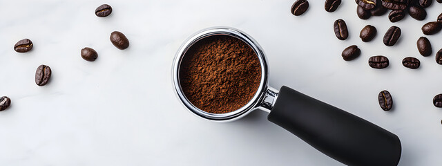 The portrait is filled with ground coffee and scattered beans, against a simple background. Coffee Concept.