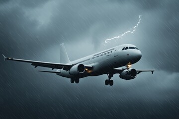 Airplane flying through stormy sky with lightning strikes and heavy rain
