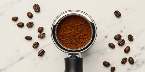 The portrait is filled with ground coffee and scattered beans, against a simple background. Coffee Concept.