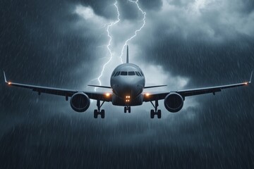 Passenger airplane flying through stormy sky with lightning and heavy rain
