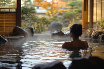 自然に囲まれた露天風呂でリラックスする女性