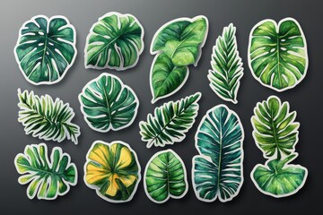 A collection of vibrant, hand-painted tropical leaves arranged artistically.