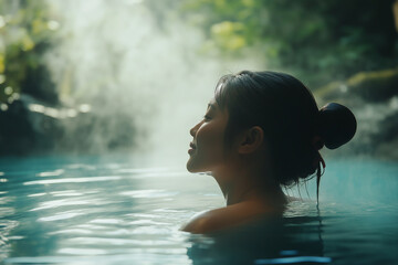 Fototapeta premium 自然に囲まれた露天風呂でリラックスする女性