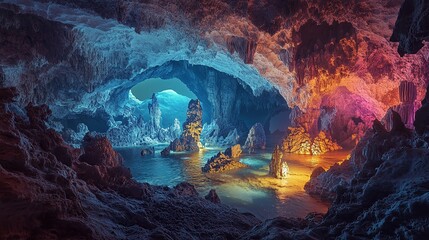 A fantasy cave with glowing water and stalagmites.