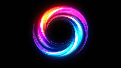 swirl of blue, pink, and orange colors forms a dynamic circular pattern against black