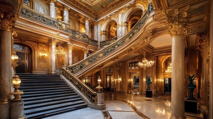 Obraz premium Opulent Baroque-style luxury hotel lobby, gilded details, grand staircase, marble floors,