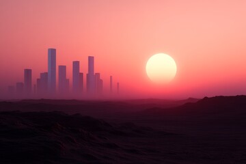 Futuristic cityscape at sunset with silhouette of skyscrapers and distant horizon