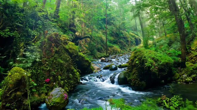 Small Stream Flowing Through a Mossy Forest