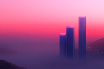 Fototapeta premium Skyscrapers emerging from mist at sunset with vibrant skies