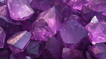 Close-up of a pile of amethyst crystals with a purple hue and a shiny surface.