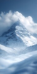 Obraz premium A stunning view of a majestic snow-capped mountain peak, partially shrouded in clouds, showcasing a serene winter landscape with fresh snow covering the foreground.