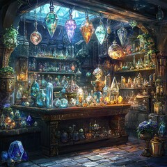 Fototapeta premium A magical potion shop filled with glowing glass bottles and jars on shelves.