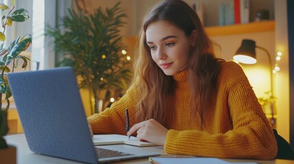 Female student attending online educational webinar via video call, taking notes at home office