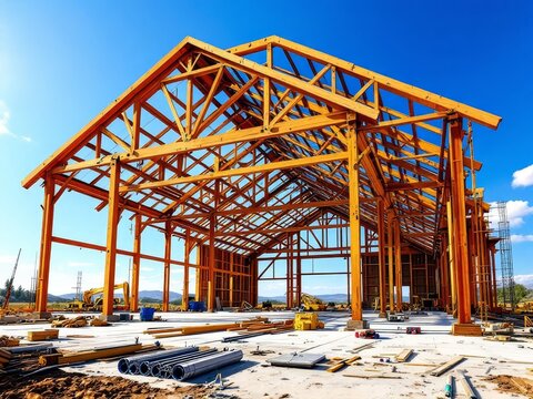 Pole barn, wood-framed, concrete slab foundation.