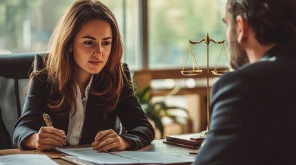 Female lawyer consulting a client in office over legal documents during a meeting