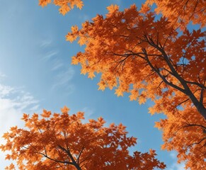 A canopy of vibrant orange maple leaves against a blue sky, clear sky, deciduous tree
