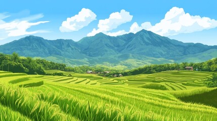 Obraz premium Stunning green terraced rice fields in mountainous landscape under bright blue sky. 