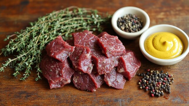 Raw meat pieces with mustard, pepper, and thyme, ready for cooking or preparation.