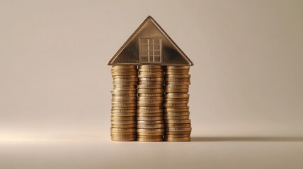 Stacked coins form house model, symbolizing savings, investment, and real estate