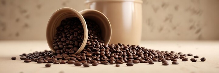Fototapeta premium A handful of coffee beans are spilling out of a large, beige ceramic container , mess, container