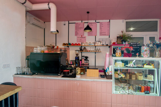 Interior of a bar counter in a coffee shop with equipment and utensil