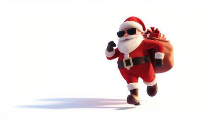 Cute Santa carrying gift bag. Christmas holiday greeting card design background template.