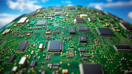 Obraz premium globe made of circuit boards and microchips symbolizes the fusion of technology and the world, representing digital connectivity, innovation, and the growing influence of tech in modern life
