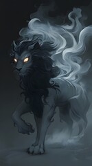 Fototapeta premium Mystical lion creature emerges from ethereal smoke, glowing eyes piercing the darkness. A digital painting with dark and moody tones.