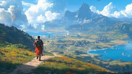 Naklejka premium A lone traveler walks a path winding through a field of wildflowers overlooking a sprawling medieval town nestled beside a lake with a majestic mountain in the distance.
