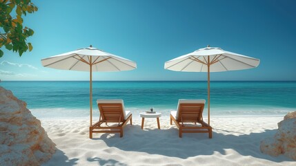 Fototapeta premium Beach scene with lounge chairs and umbrellas. Empty beach chairs and parasols on white sand. Calm ocean water. Vacation background. Relaxing atmosphere.