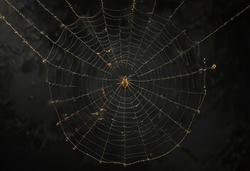 Obraz premium A spider's web on a black background with gold glittery strings and tiny insects , metallic sheen, shimmering effects, mysterious atmosphere