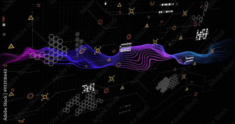 Aufkleber flowing wave image over digital data and geometric shapes on black background
