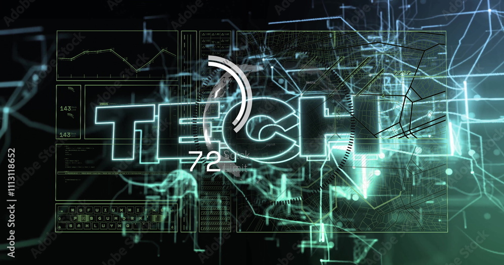 Poster tech text image over digital circuit and network graphics