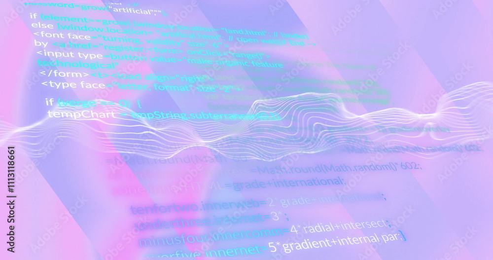 Poster programming code and data wave image over abstract purple background