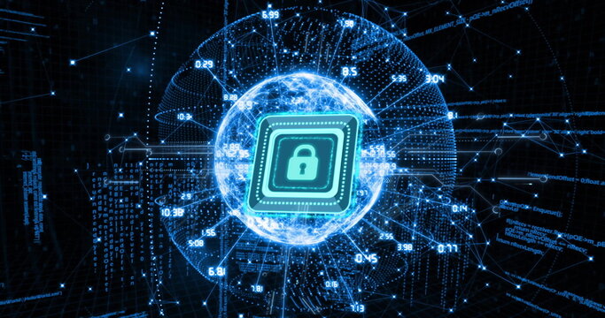 Cybersecurity lock icon with data processing image over digital code background - Powered by Adobe