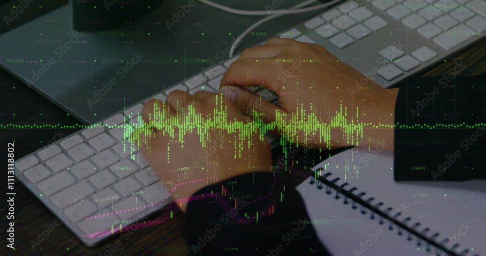 Poster image of financial data processing over caucasian man using computer