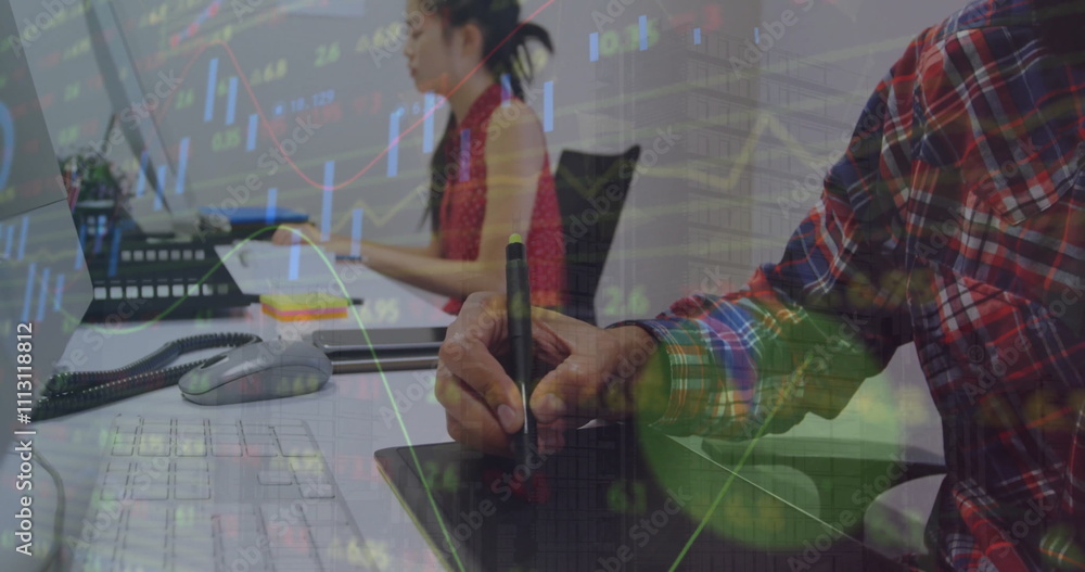 Aufkleber image of financial data processing over caucasian man using tablet and computer